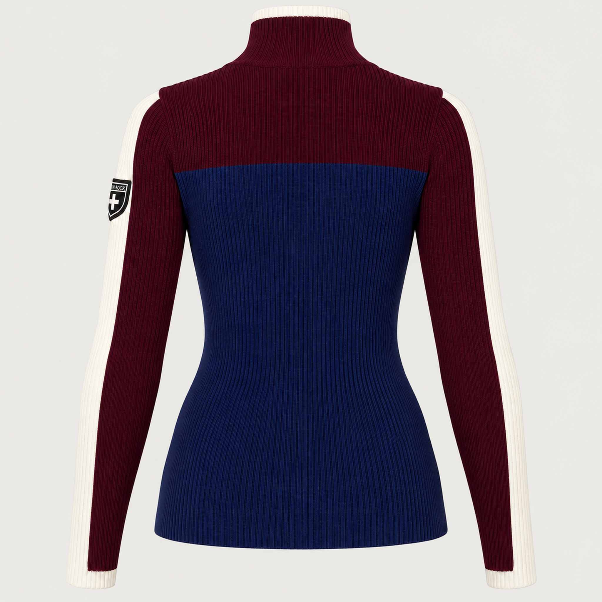 Alp n Rock women's Ali Rib Sweater in Deep Blue/Deep Red, back product view.