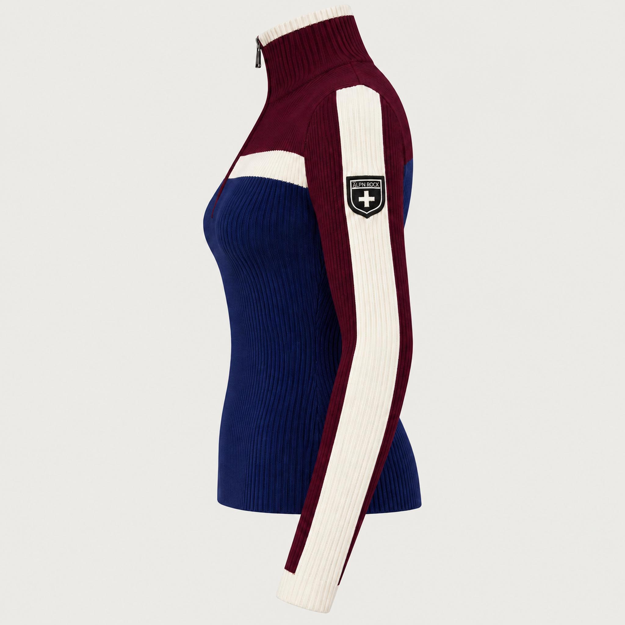 Alp n Rock women's Ali Rib Sweater in Deep Blue/Deep Red, side product view.
