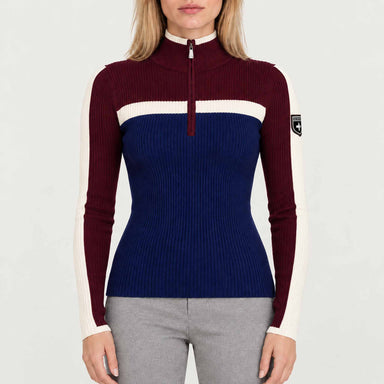 Model wearing Alp n Rock women's Ali Rib Sweater in Deep Blue/Deep Red, front view.