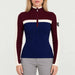 Model wearing Alp n Rock women's Ali Rib Sweater in Deep Blue/Deep Red, front view.