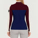 Model wearing Alp n Rock women's Ali Rib Sweater in Deep Blue/Deep Red, back view.