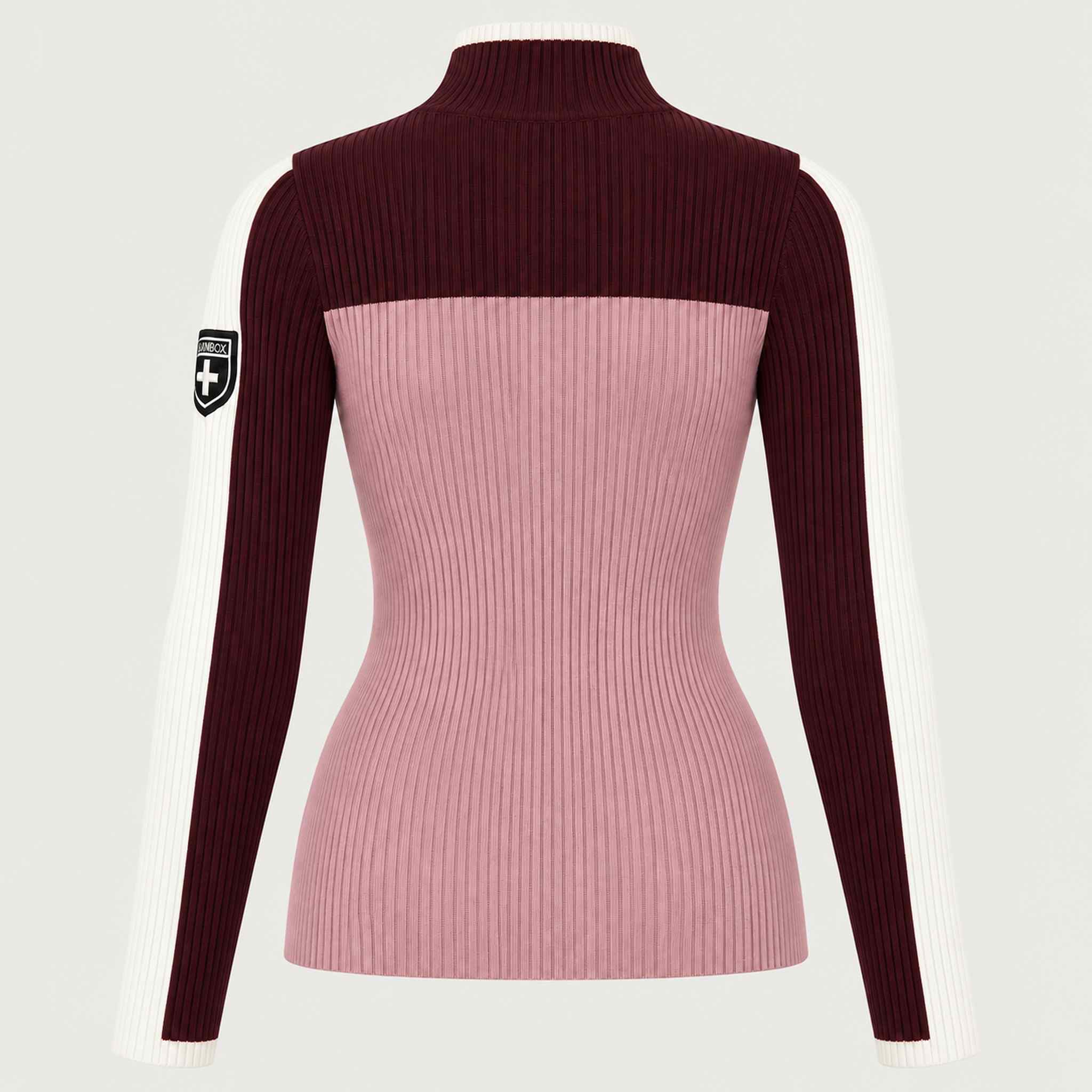 Alp n Rock women's Ali Rib Sweater in Smokey Rose/Cabernet, back product view.