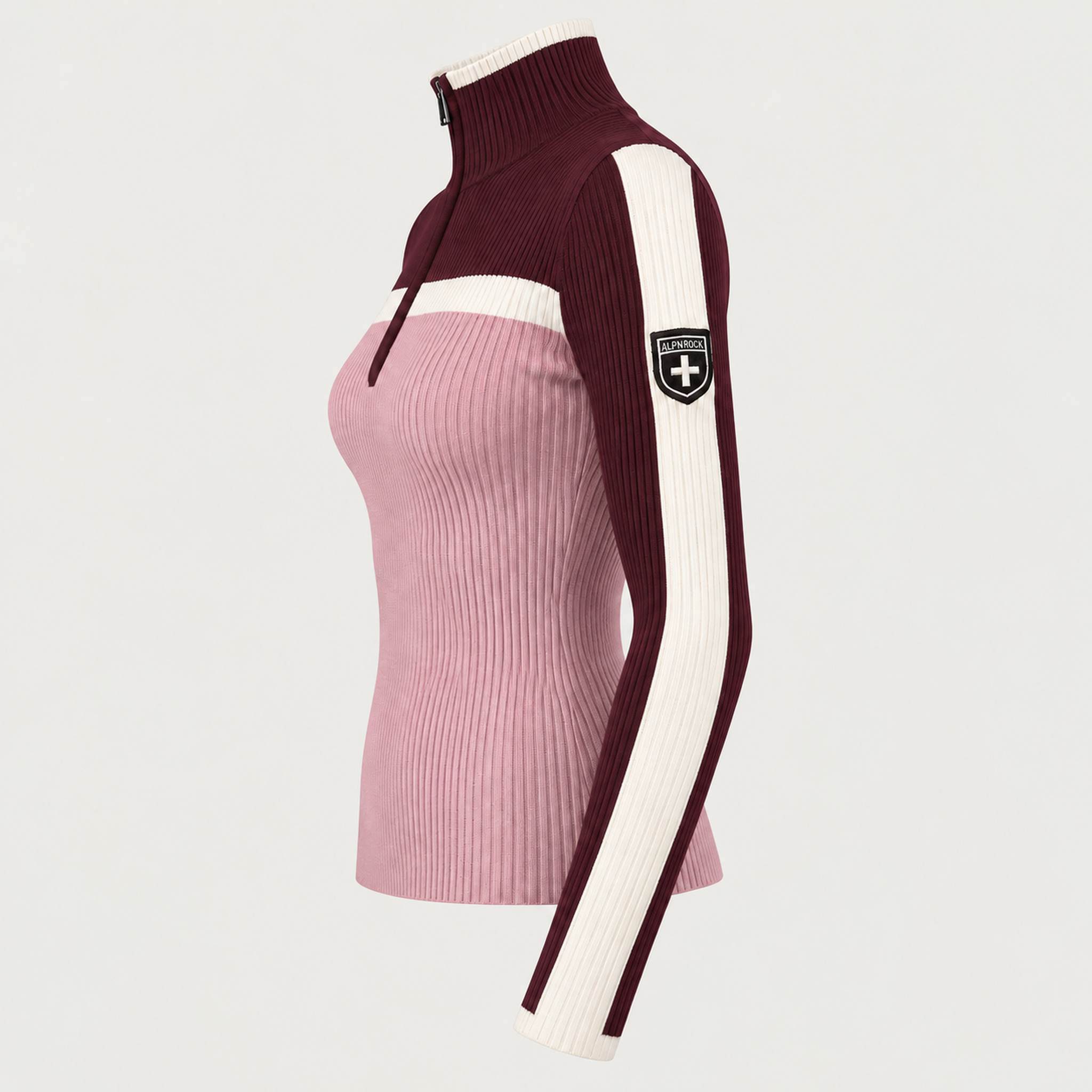 Alp n Rock women's Ali Rib Sweater in Smokey Rose/Cabernet, side product view.