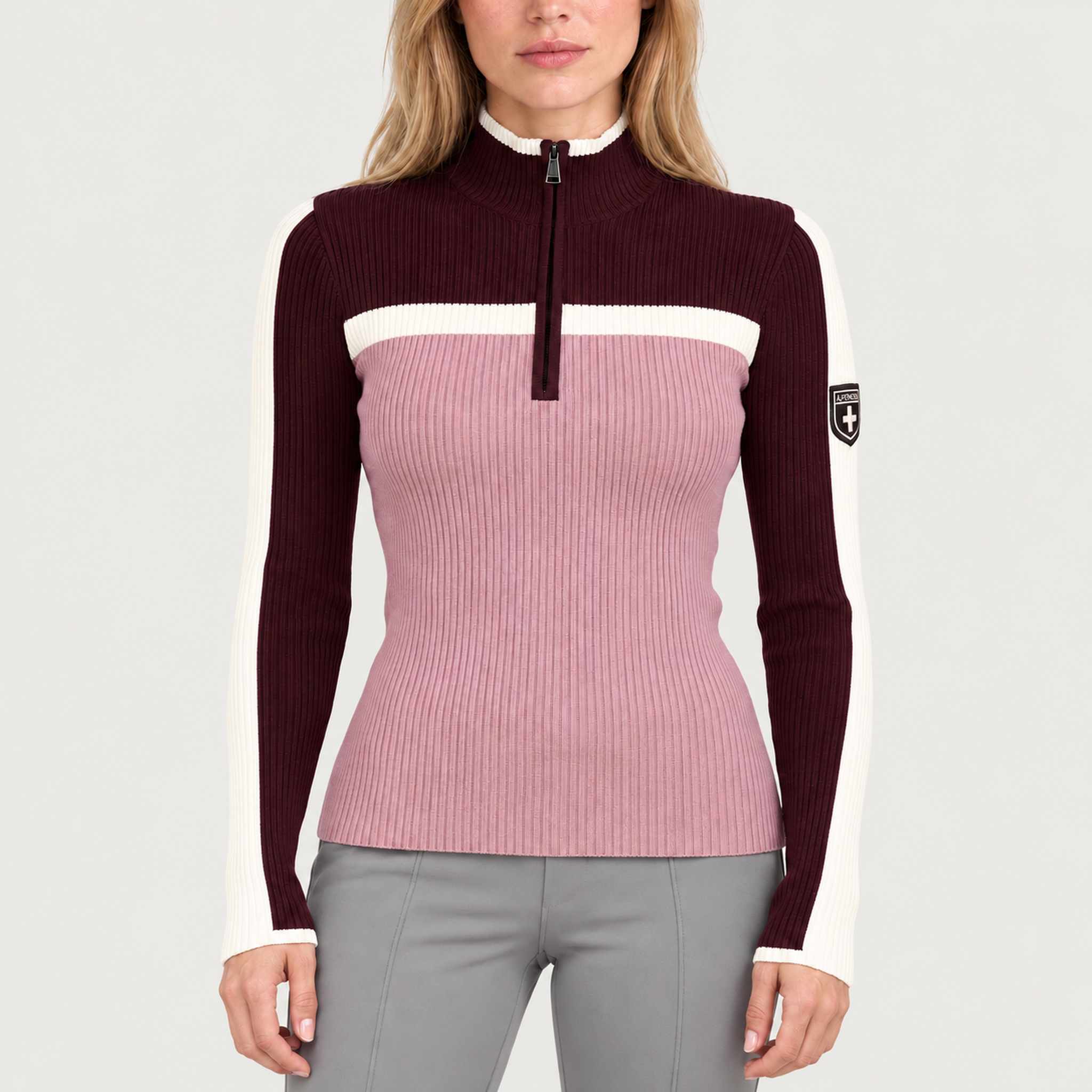 Model wearing Alp n Rock women's Ali Rib Sweater in Smokey Rose/Cabernet, front view.