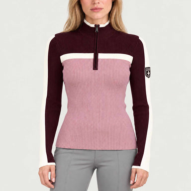 Model wearing Alp n Rock women's Ali Rib Sweater in Smokey Rose/Cabernet, front view.