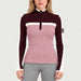 Model wearing Alp n Rock women's Ali Rib Sweater in Smokey Rose/Cabernet, front view.