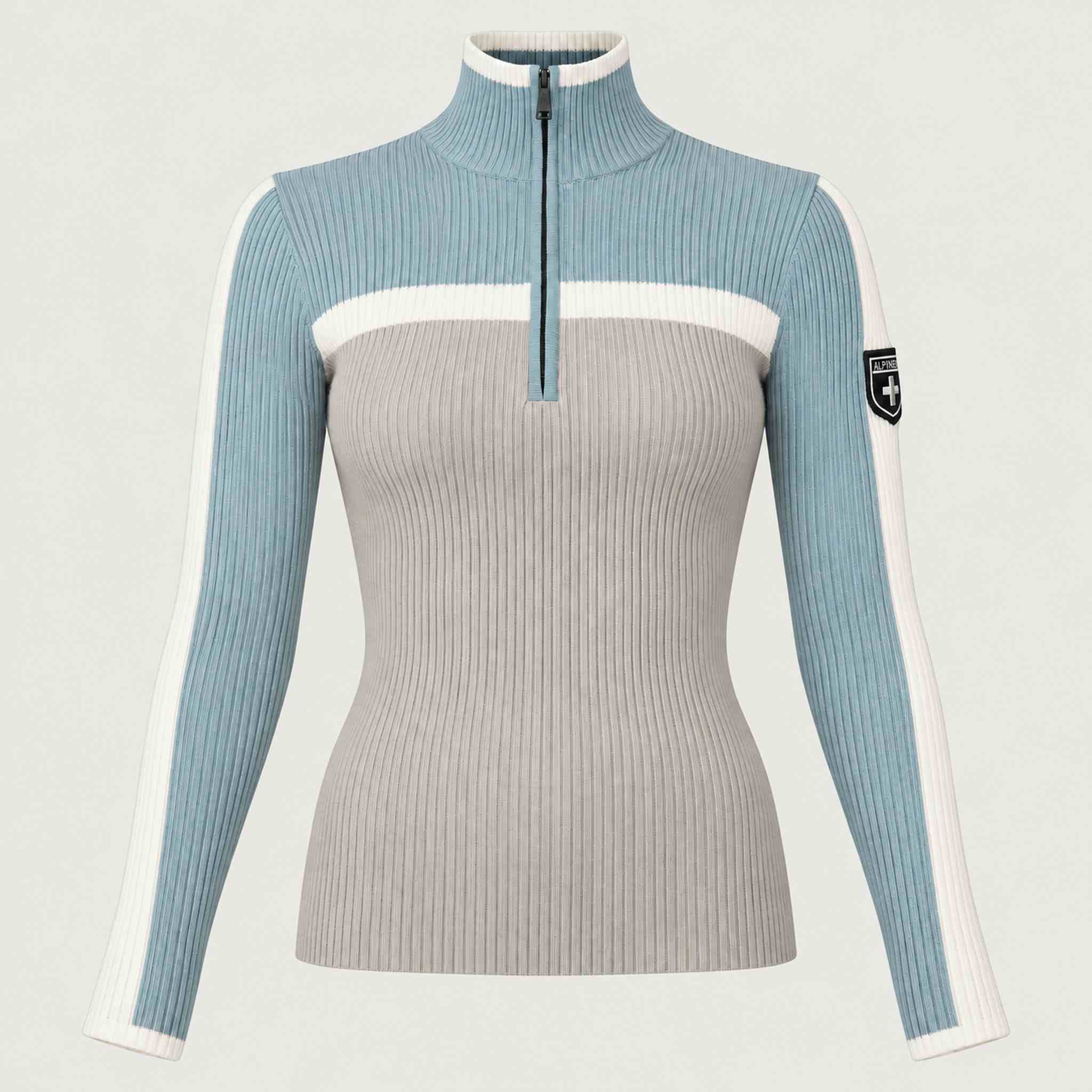 Alp n Rock women's Ali Rib Sweater in Stone/Silver Blue, front product view.