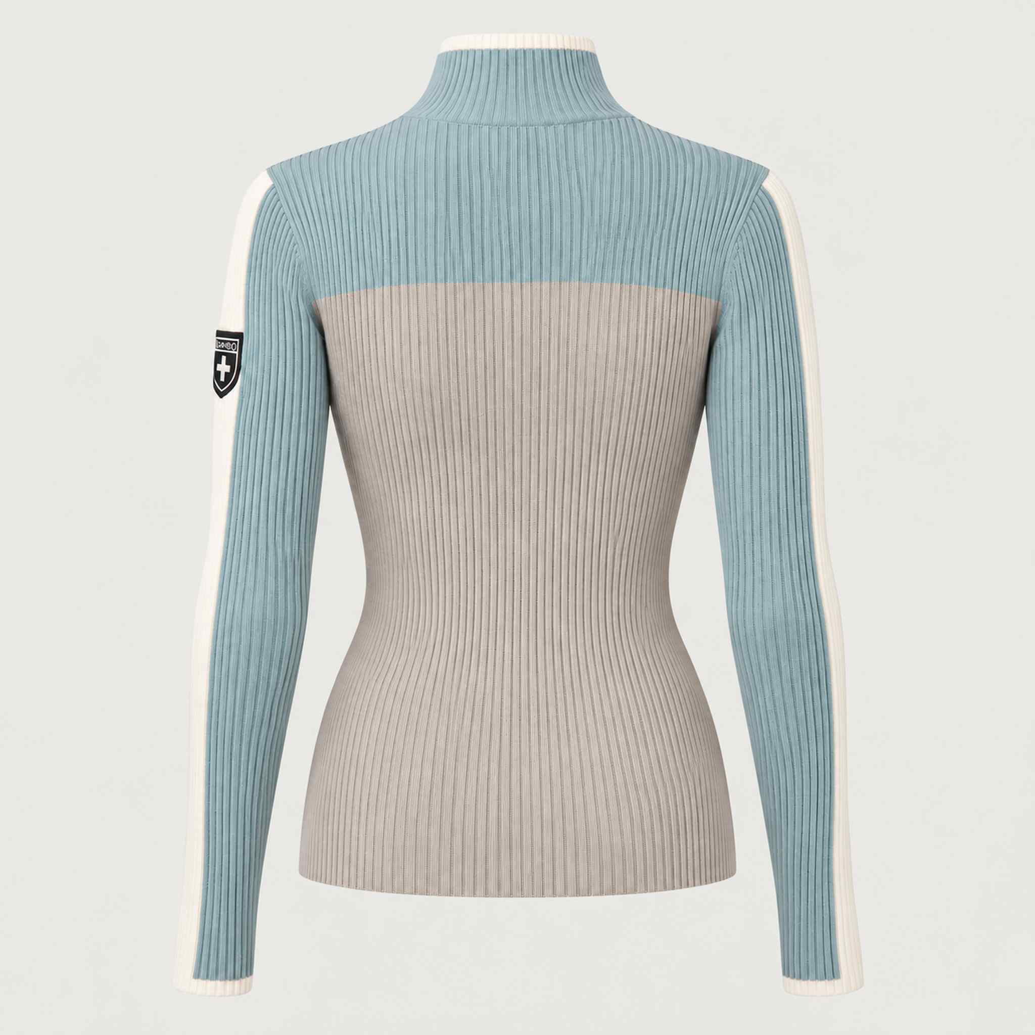 Alp n Rock women's Ali Rib Sweater in Stone/Silver Blue, back product view.