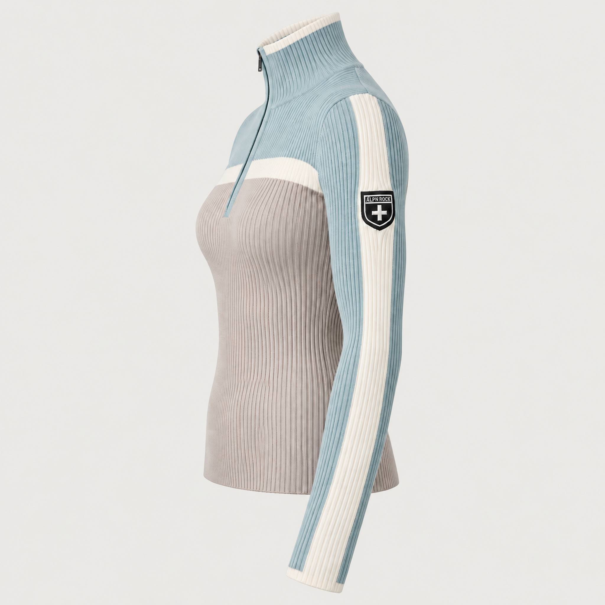 Alp n Rock women's Ali Rib Sweater in Stone/Silver Blue, side product view.