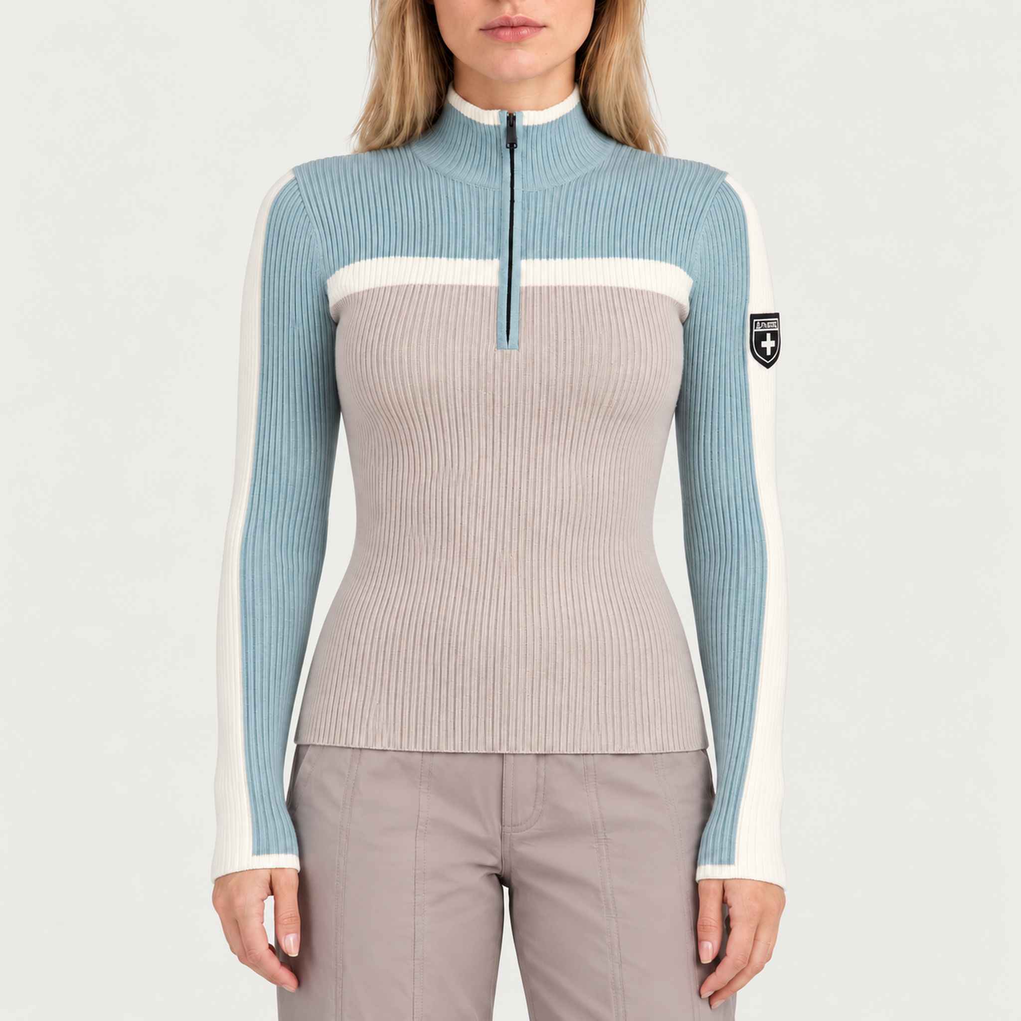 Model wearing Alp n Rock women's Ali Rib Sweater in Stone/Silver Blue, front view.