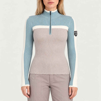 Model wearing Alp n Rock women's Ali Rib Sweater in Stone/Silver Blue, front view.