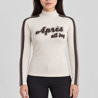 Alp n Rock women's Apres All Day Mockneck in fossil, front view on model.