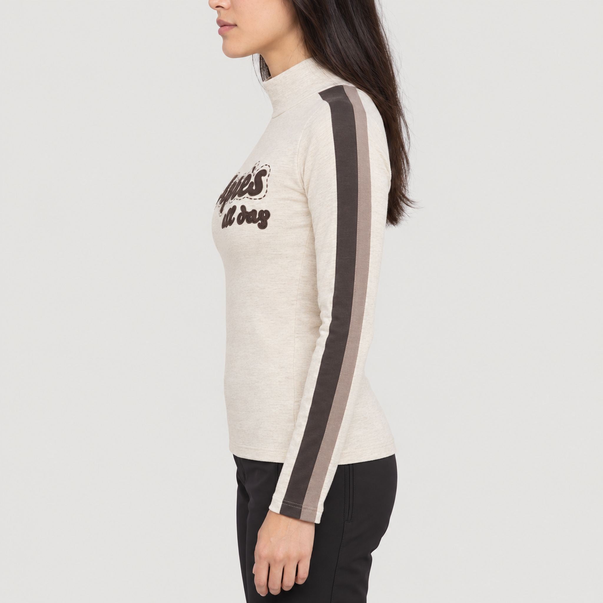 Alp n Rock women's Apres All Day Mockneck in fossil, side view on model.