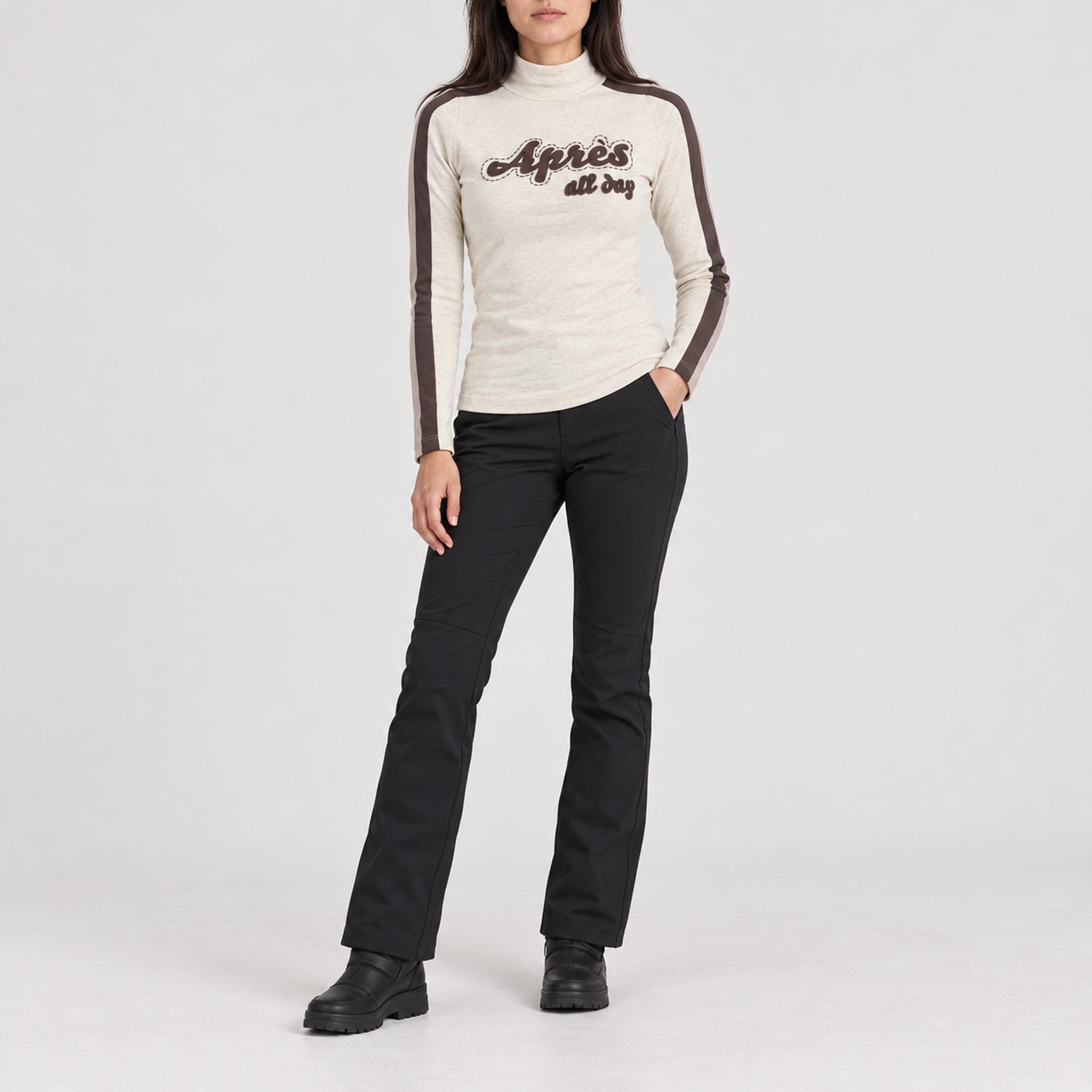 Alp n Rock women's Apres All Day Mockneck in fossil, full outfit with black softshell ski pants.