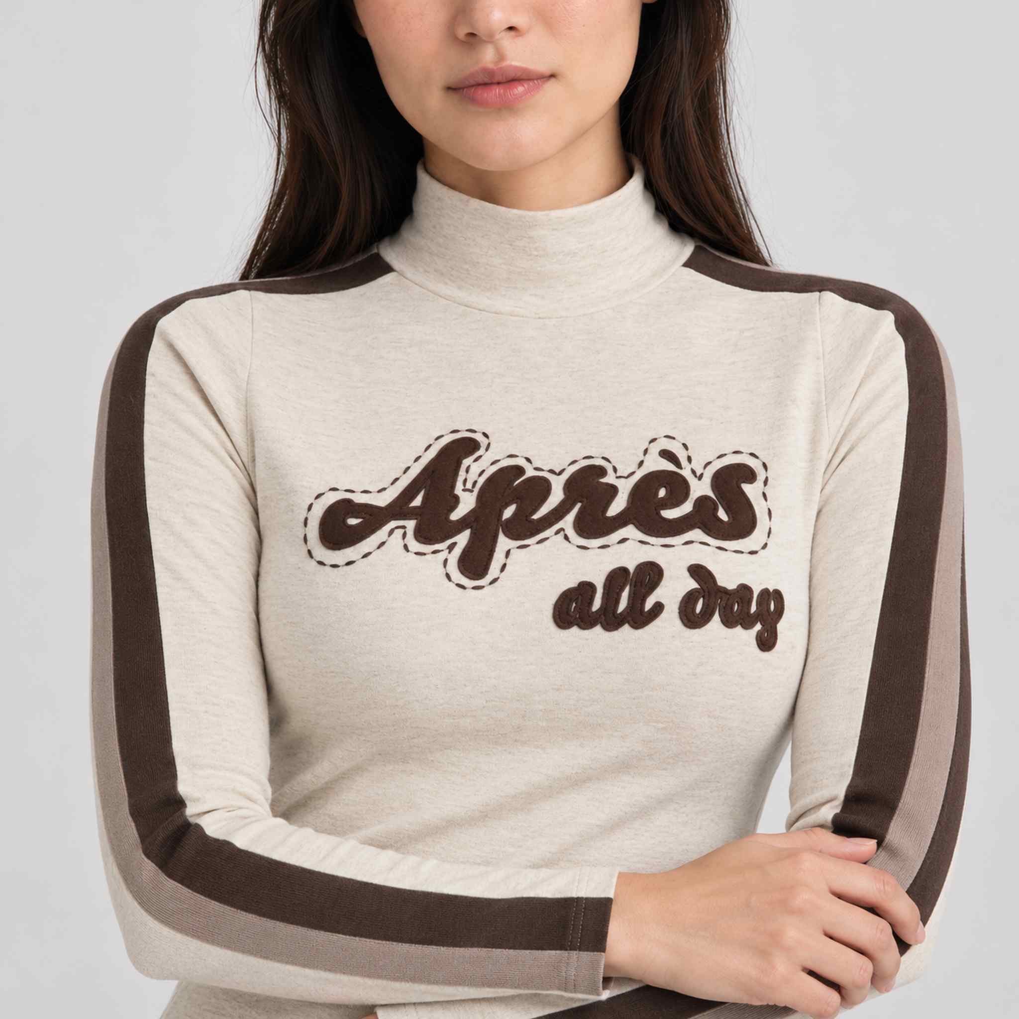Alp n Rock women's Apres All Day Mockneck in fossil, close-up showing fabric and design.