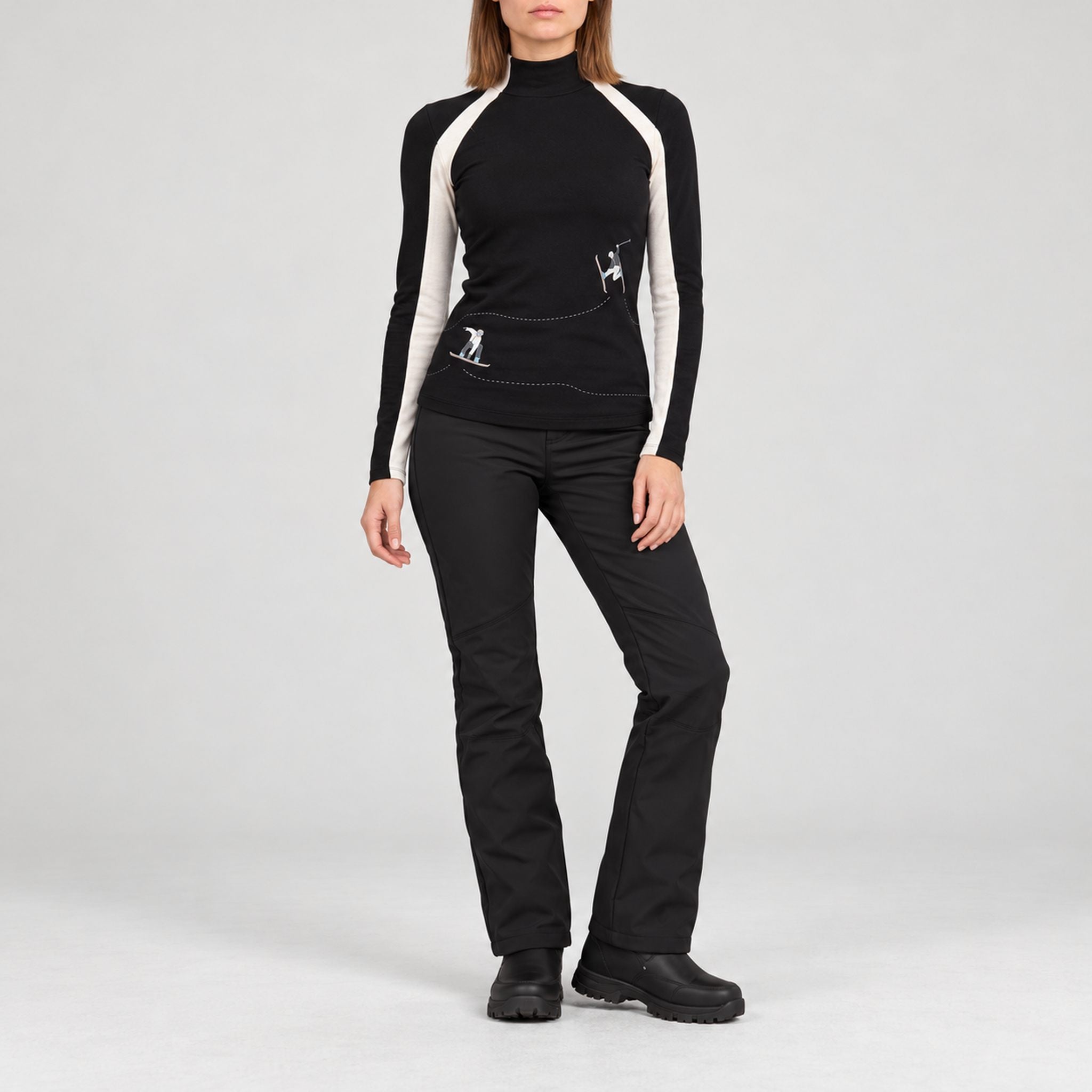 Alp n Rock women's Ashna Mockneck in black, full outfit with black softshell ski pants.