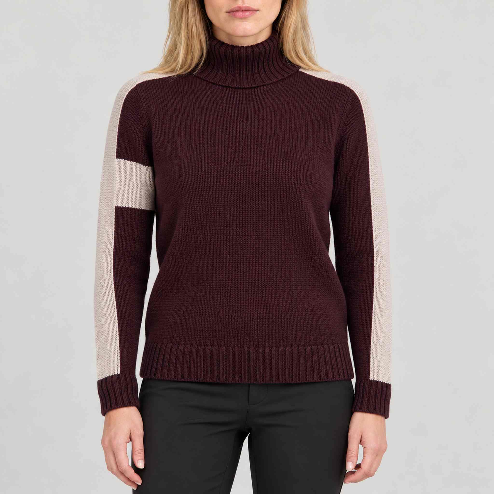 Alp n Rock women's Killian Sweater in cabernet, front view on model.