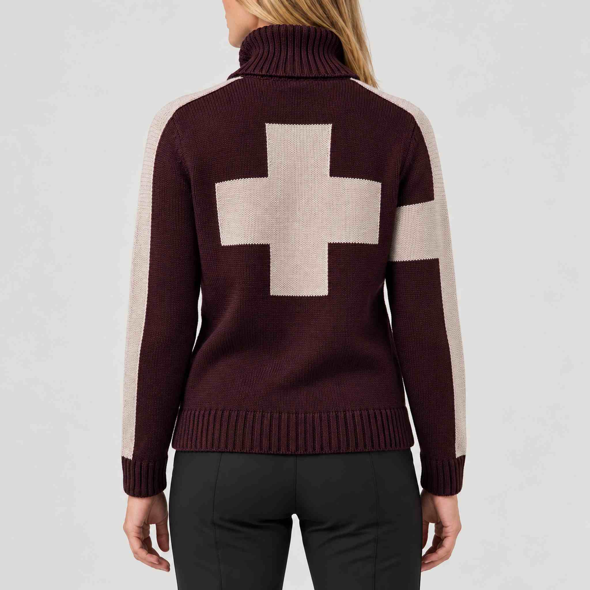 Alp n Rock women's Killian Sweater in cabernet, back view on model.