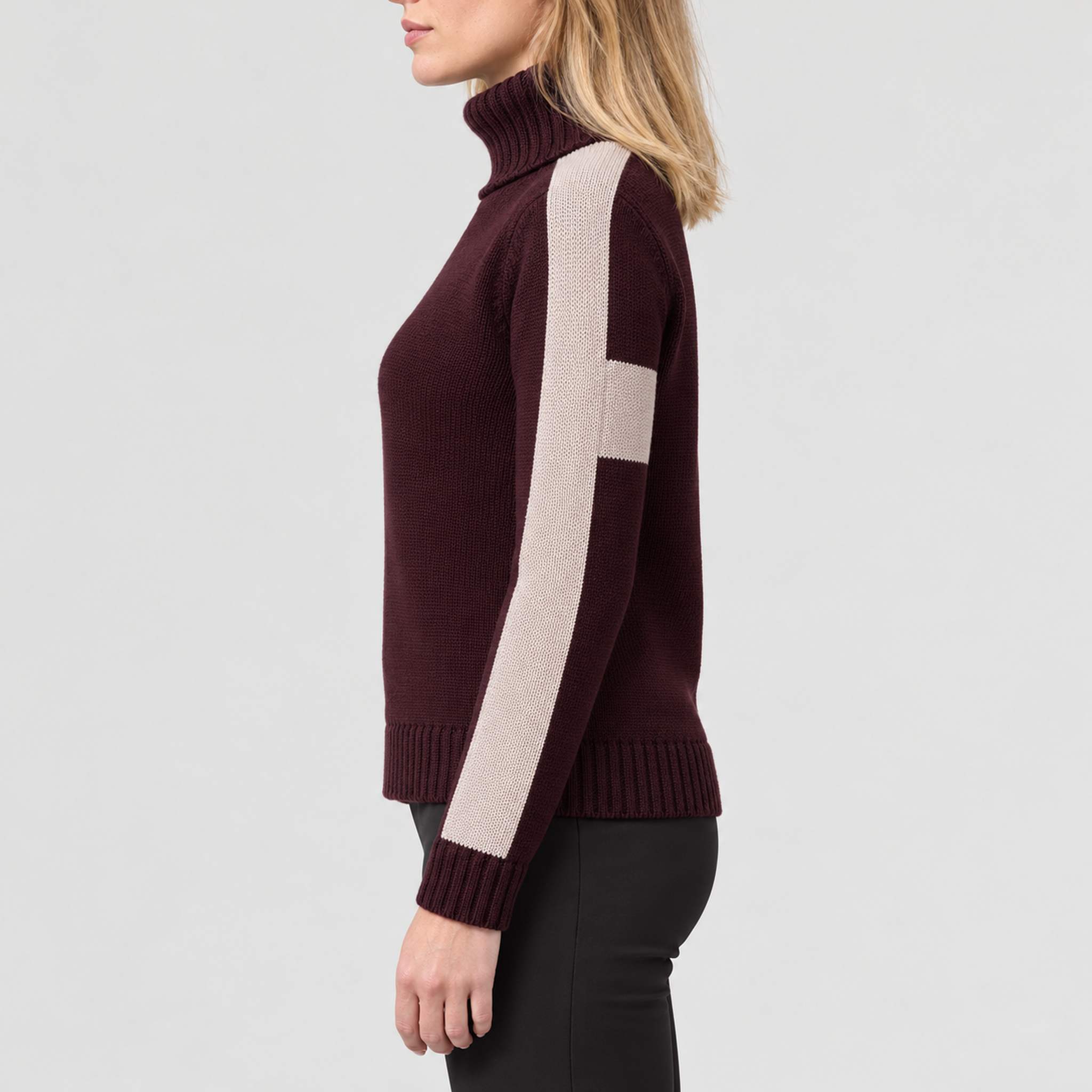 Alp n Rock women's Killian Sweater in cabernet, side view on model.