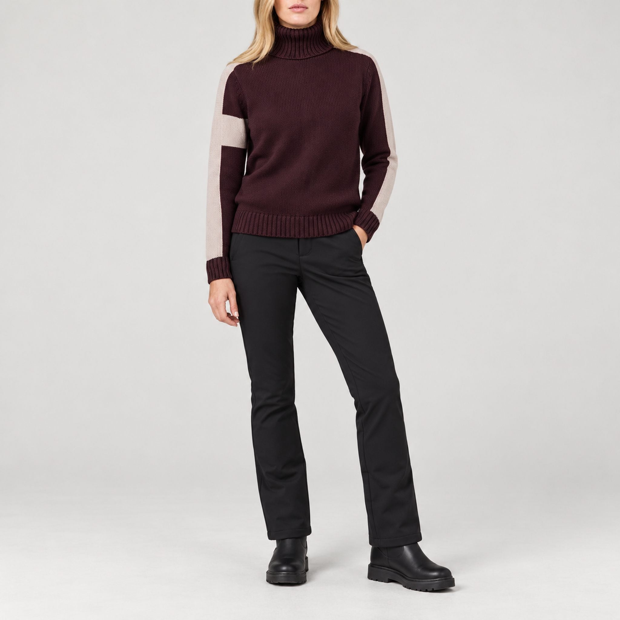 Alp n Rock women's Killian Sweater in cabernet, full outfit with black softshell ski pants.