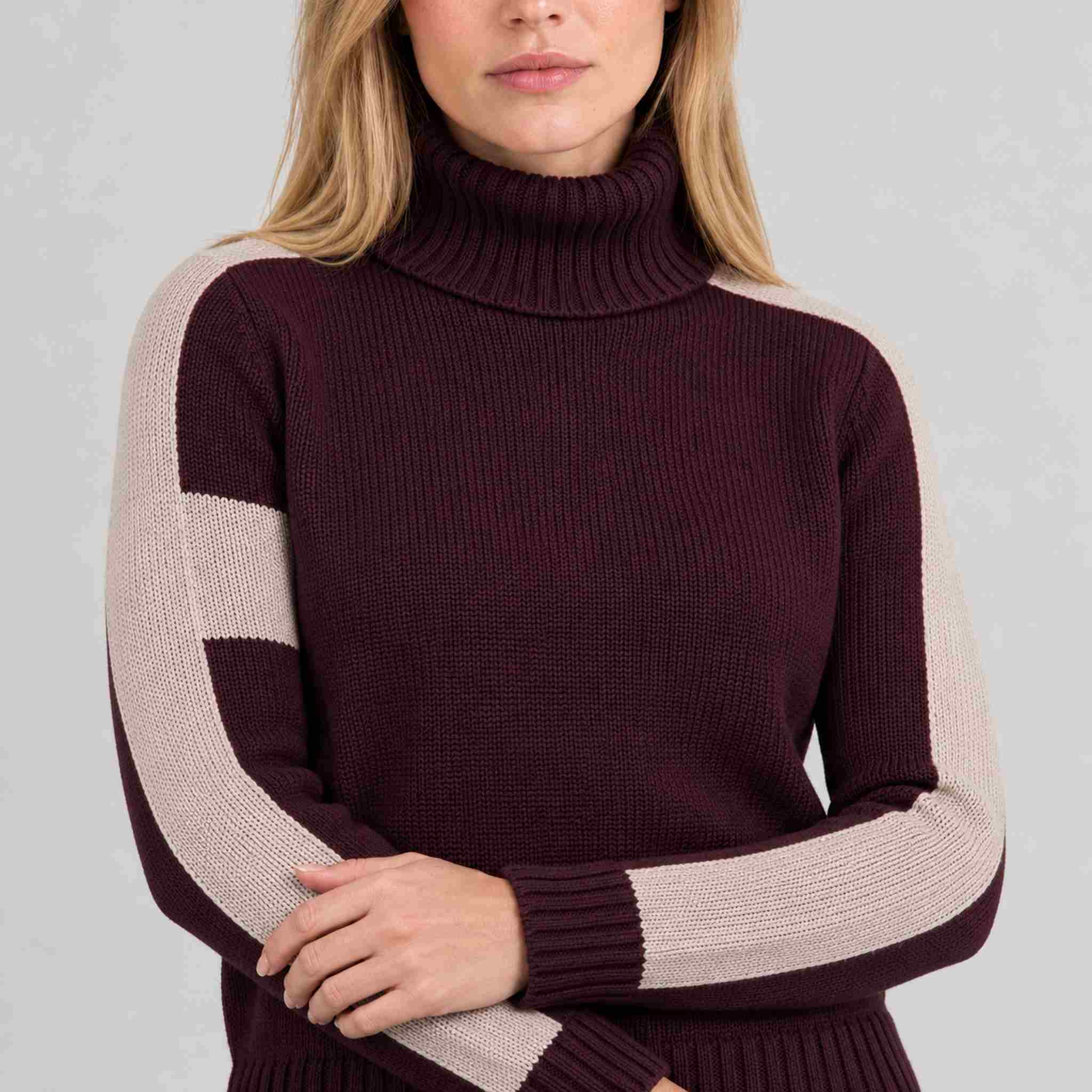 Alp n Rock women's Killian Sweater in cabernet, close-up showing fabric and design.