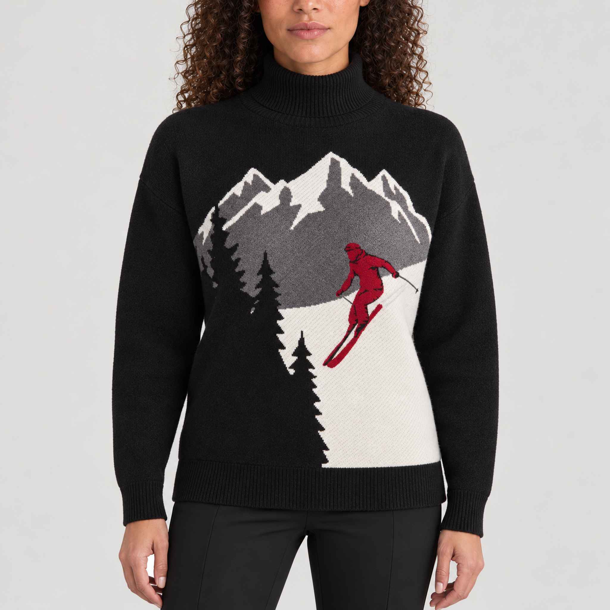 Alp n Rock women's Portia Ski Sweater in black, front view on model.