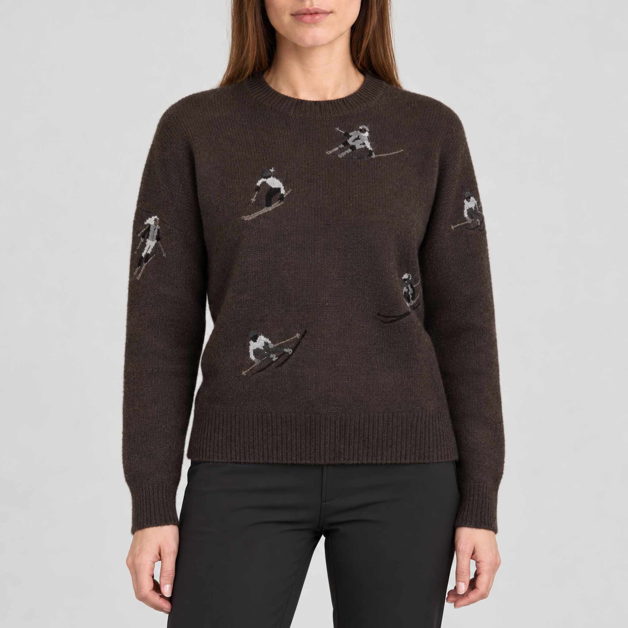 Alp n Rock women's Talia Embroidered Skier Sweater in coffee, front view on model.