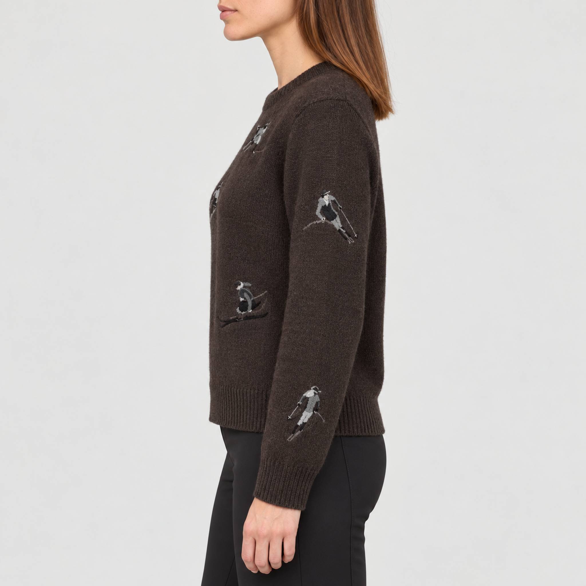 Alp n Rock women's Talia Embroidered Skier Sweater in coffee, side view on model.