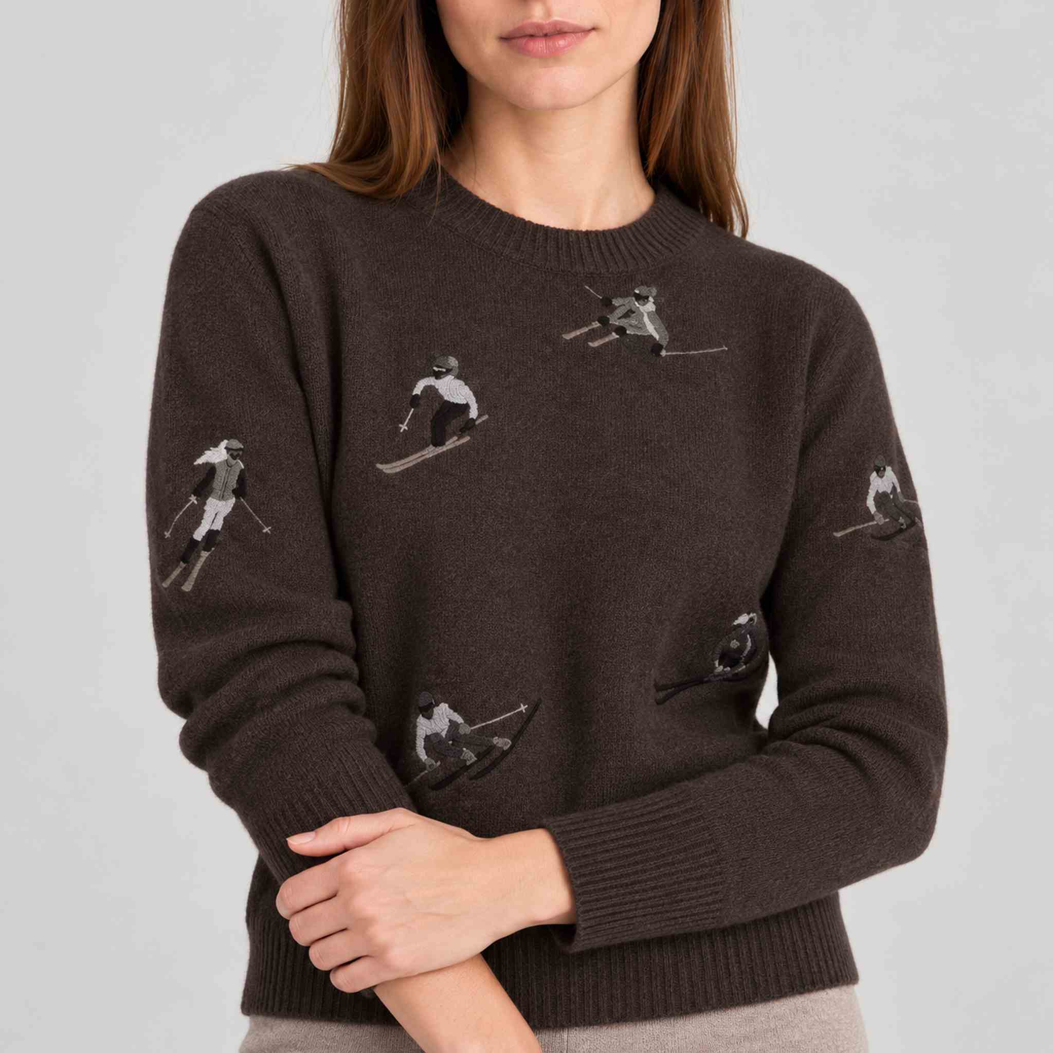 Alp n Rock women's Talia Embroidered Skier Sweater in coffee, close-up showing fabric and design.