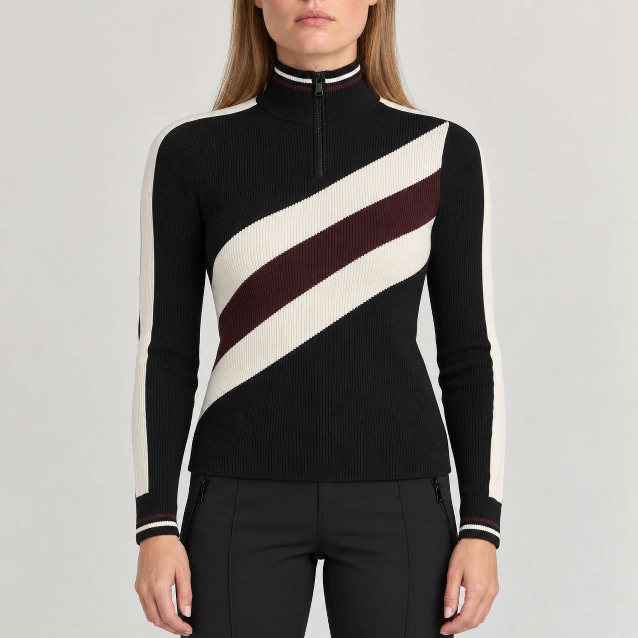 Alp n Rock women's Tanya Rib Sweater in black, front view on model.