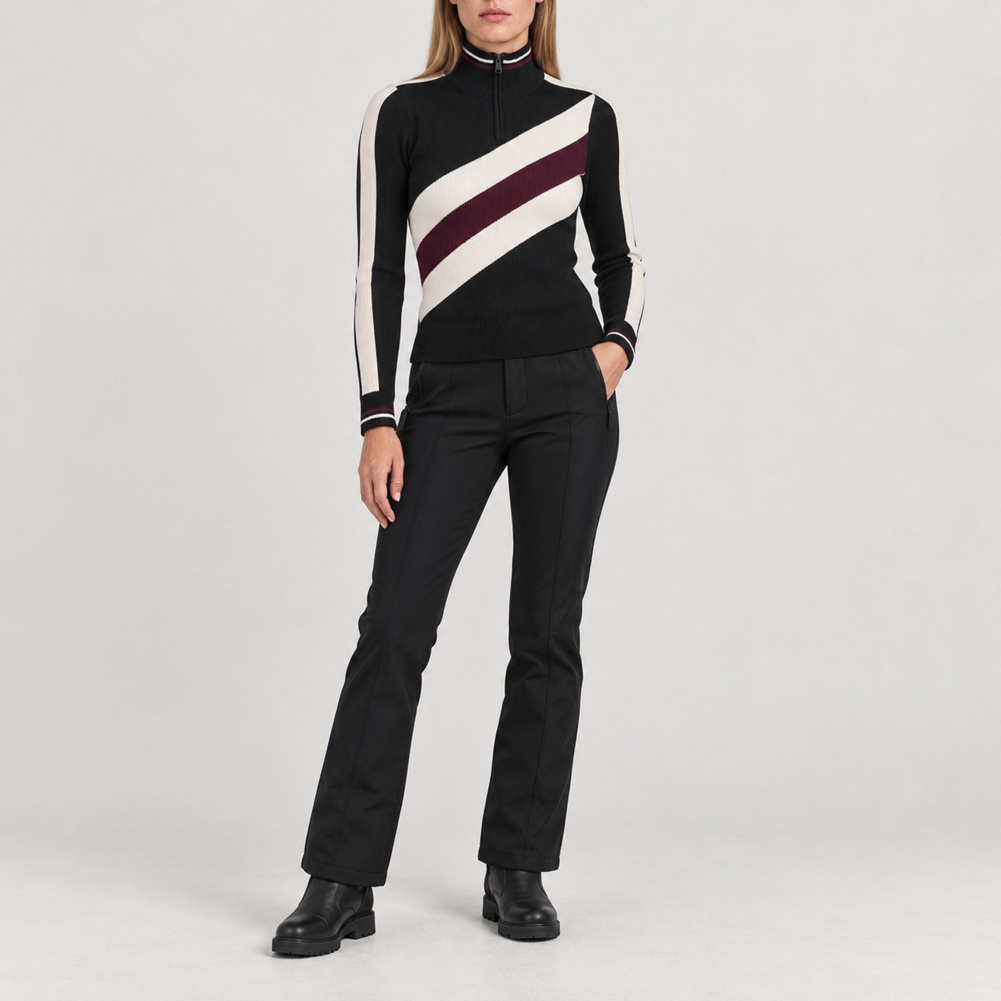 Alp n Rock women's Tanya Rib Sweater in black, full outfit with black softshell ski pants.