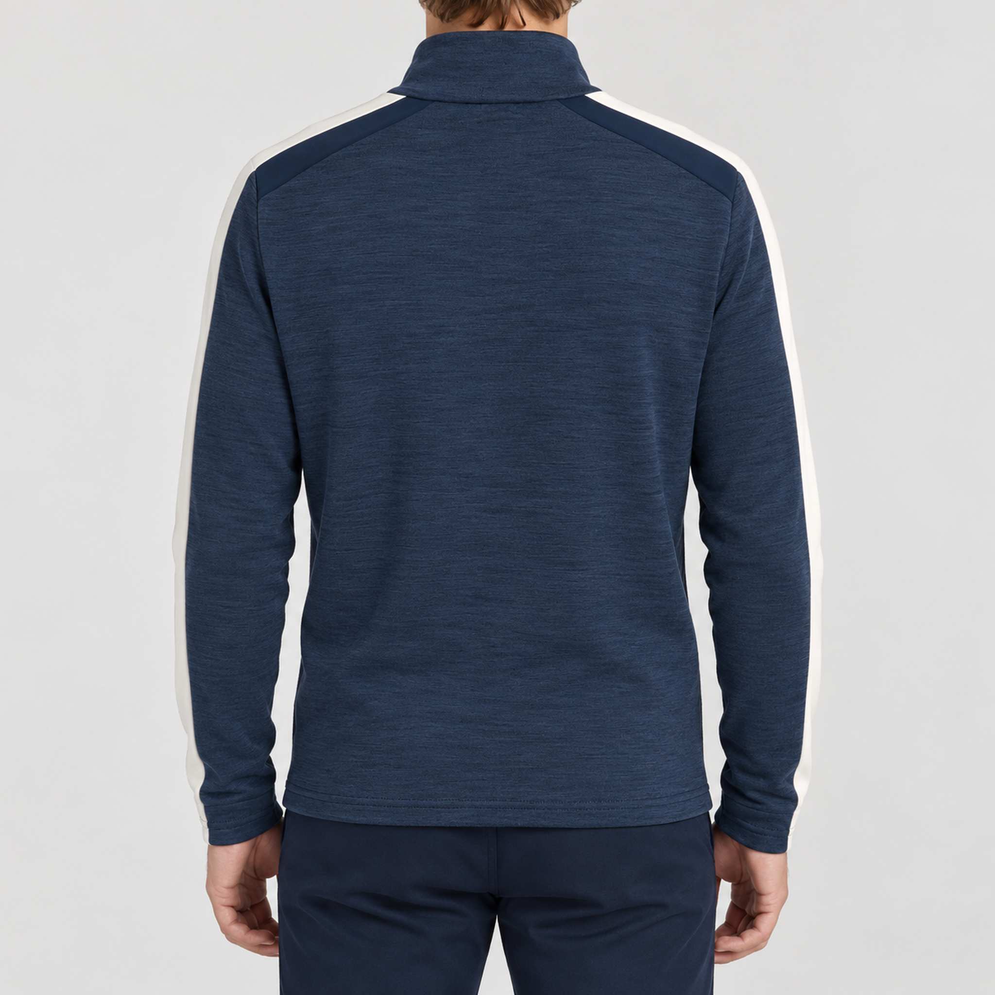 Amundsen 5Mila Half Zip in Navy Stripe, back view on model.