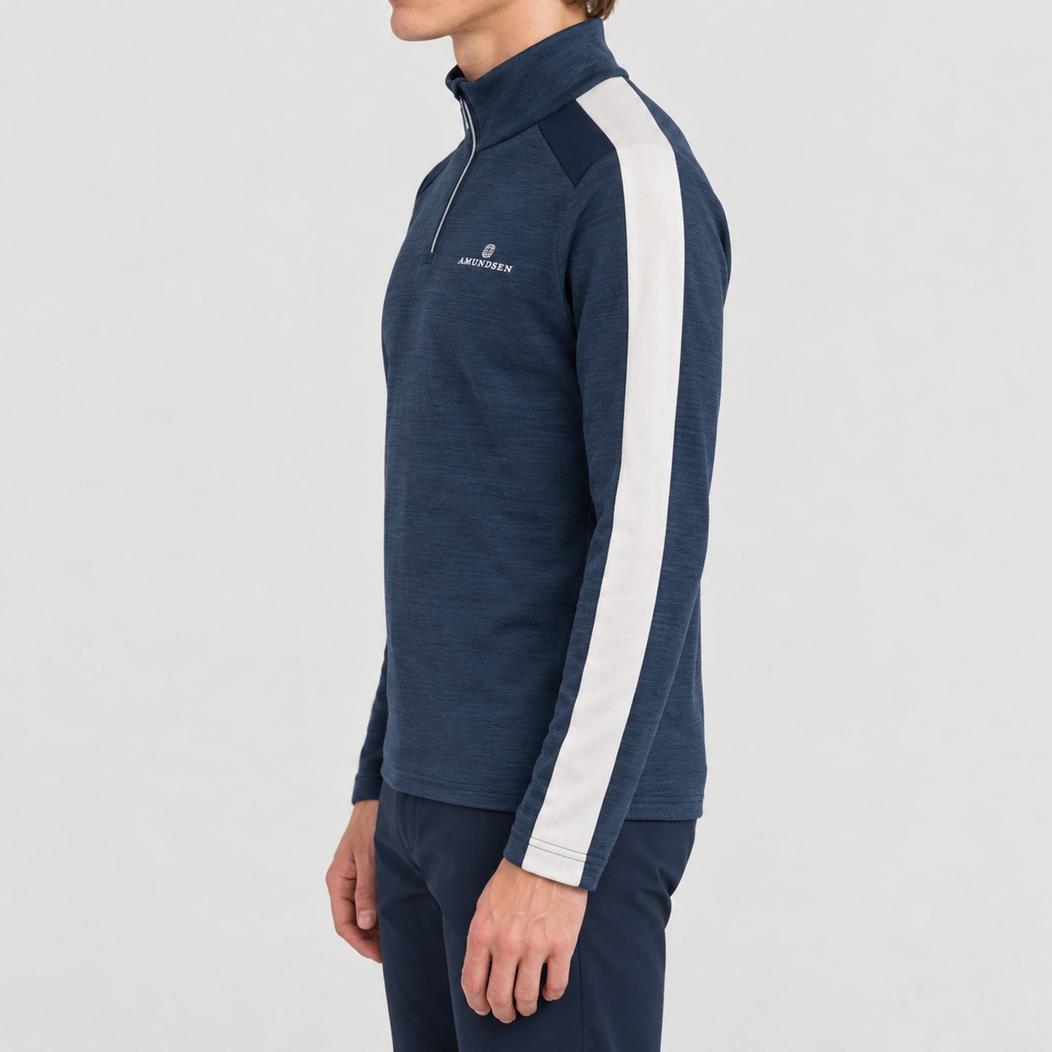 Amundsen 5Mila Half Zip in Navy Stripe, side view on model.