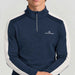 Amundsen 5Mila Half Zip in Navy Stripe, close-up fabric detail on model.