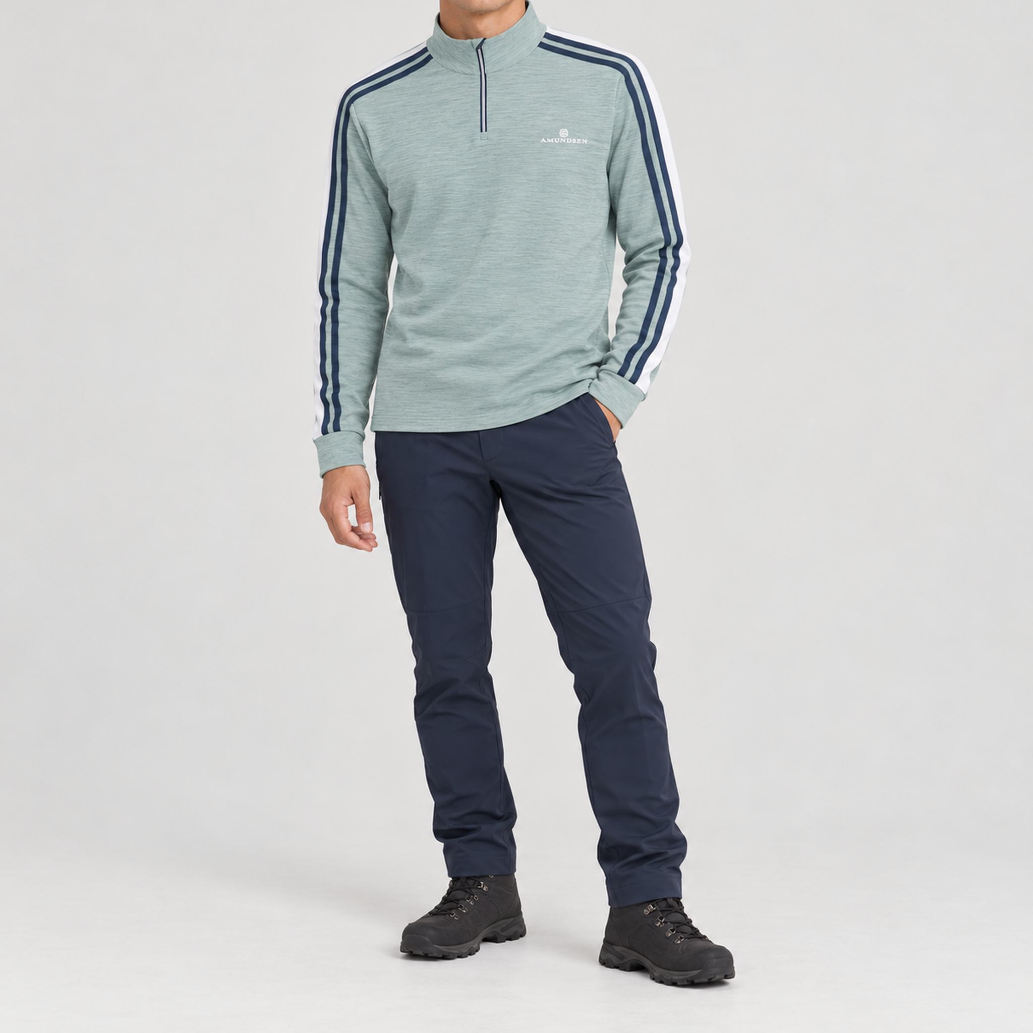 Amundsen 5Mila Half Zip in Stormy Blue Lines, full outfit view on model.