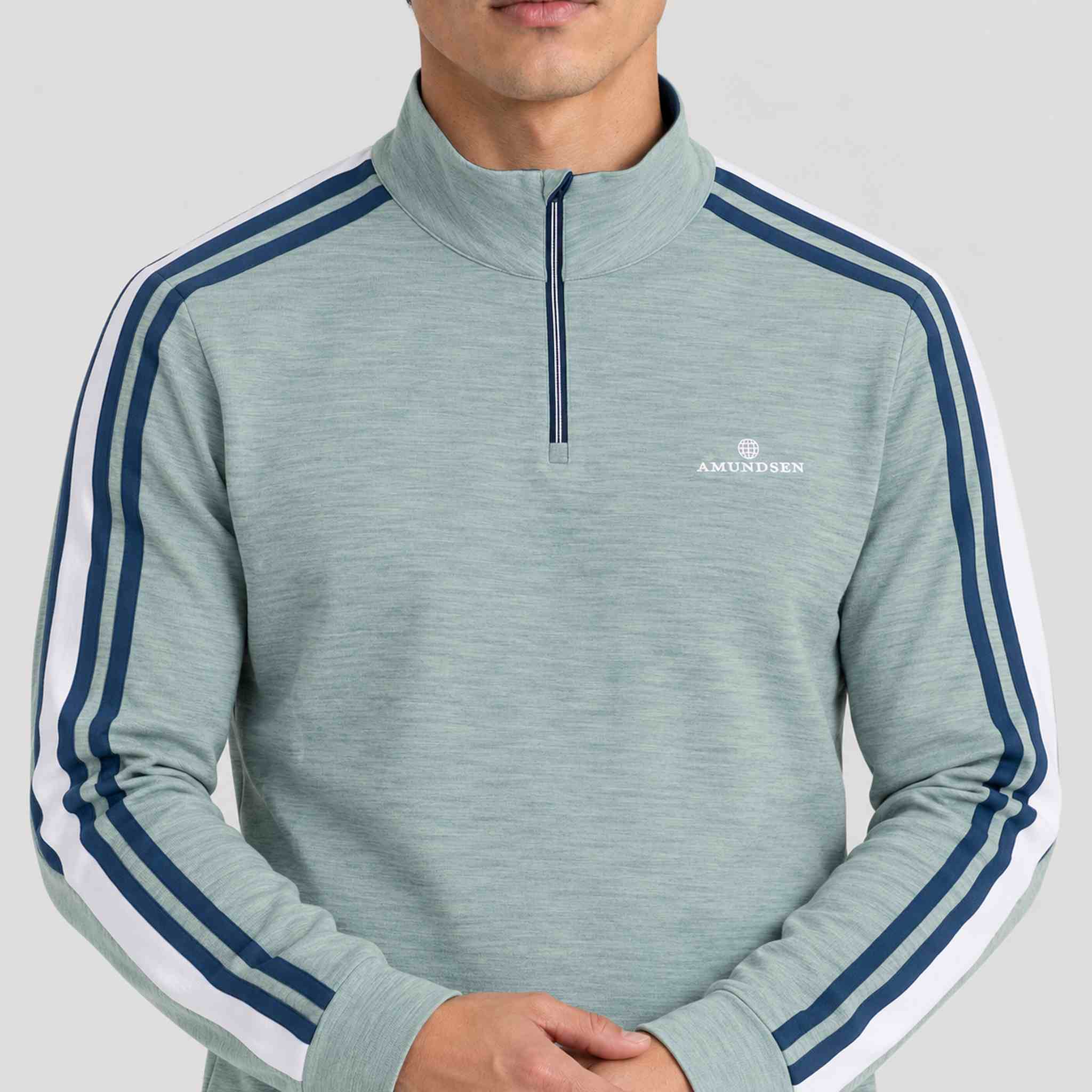 Amundsen 5Mila Half Zip in Stormy Blue Lines, close-up fabric detail on model.