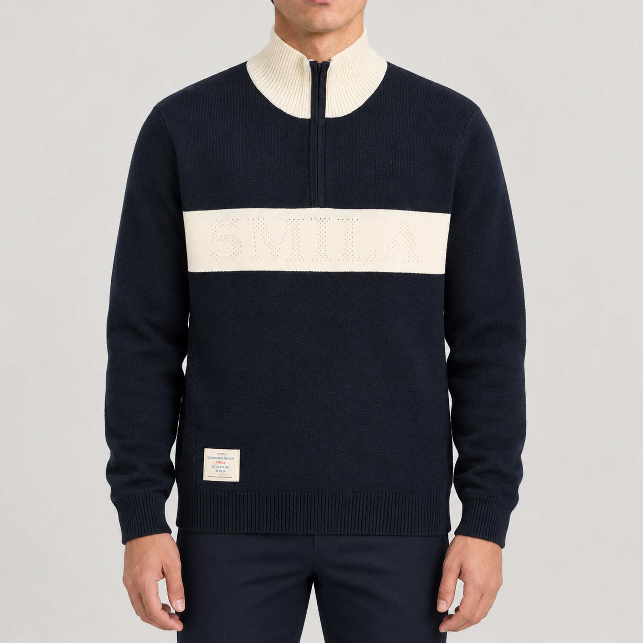 Amundsen 5Mila Half Zip Sweater in Faded Navy, front view on model.