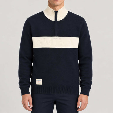Amundsen 5Mila Half Zip Sweater in Faded Navy, front view on model.