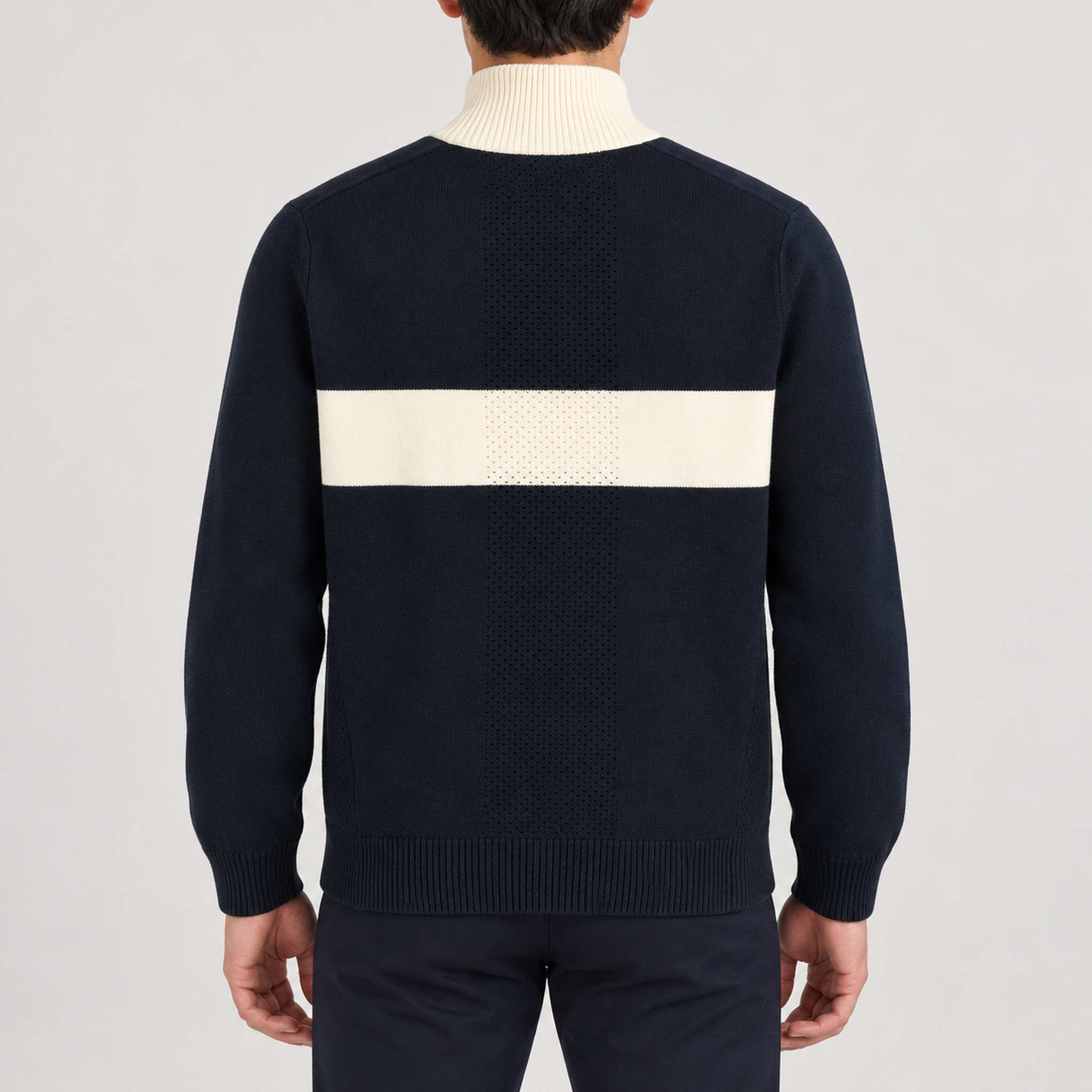 Amundsen 5Mila Half Zip Sweater in Faded Navy, back view on model.