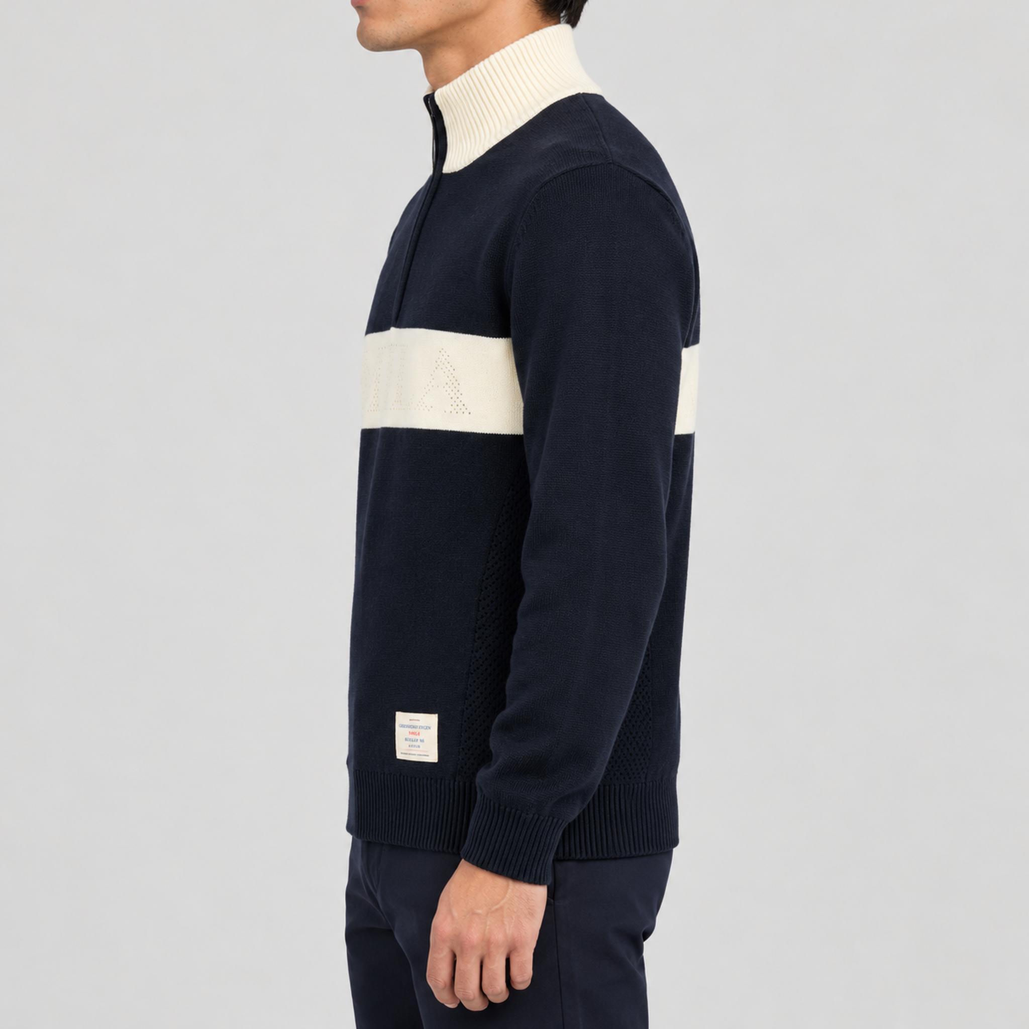 Amundsen 5Mila Half Zip Sweater in Faded Navy, side view on model.