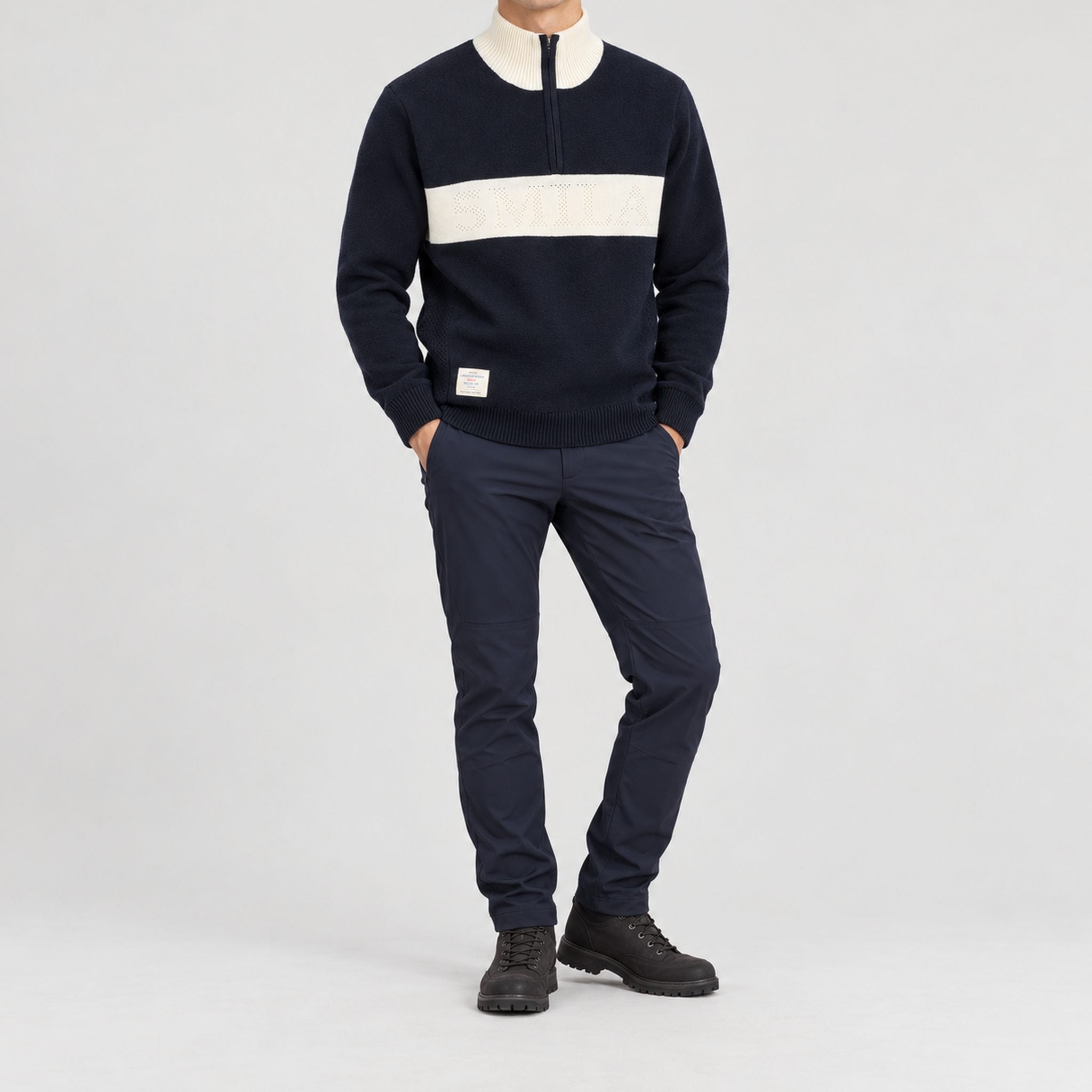 Amundsen 5Mila Half Zip Sweater in Faded Navy, full outfit view on model.