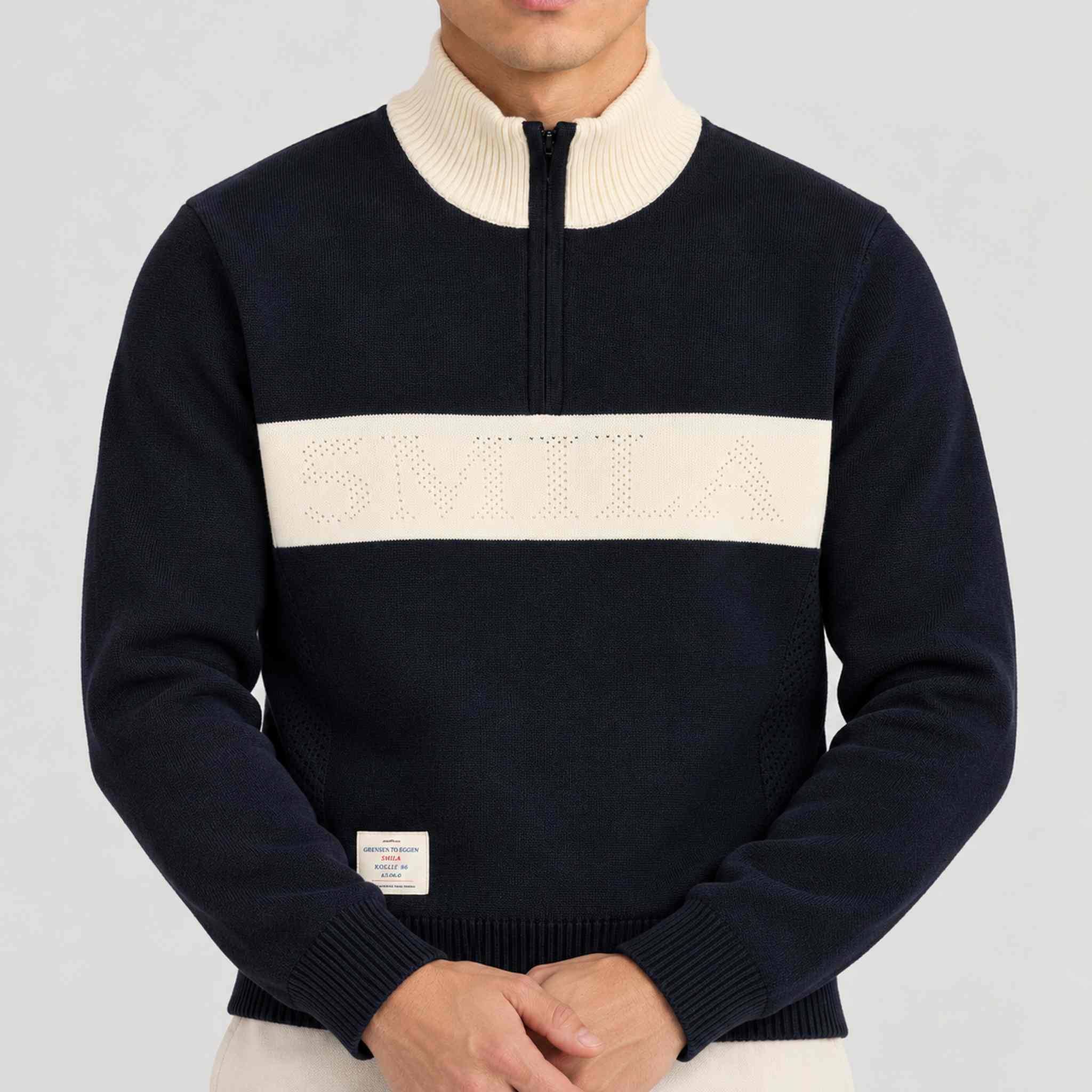 Amundsen 5Mila Half Zip Sweater in Faded Navy, close-up fabric detail on model.