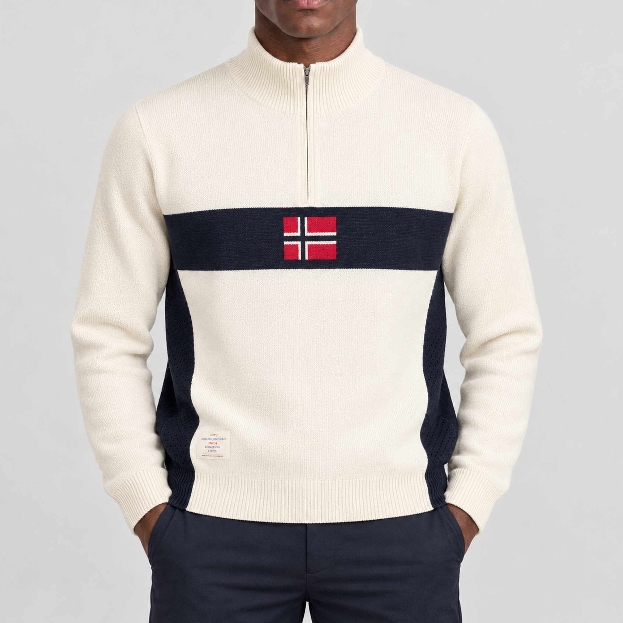 Amundsen 5Mila Half Zip Sweater in Oatmeal, front view on model.