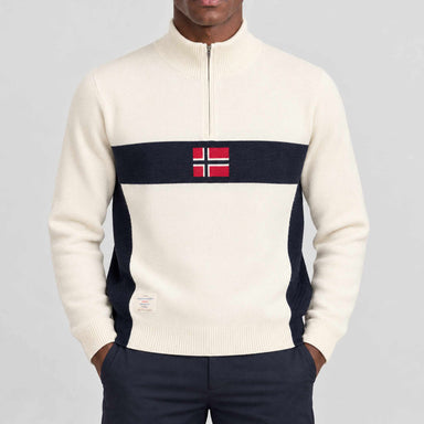 Amundsen 5Mila Half Zip Sweater in Oatmeal, front view on model.