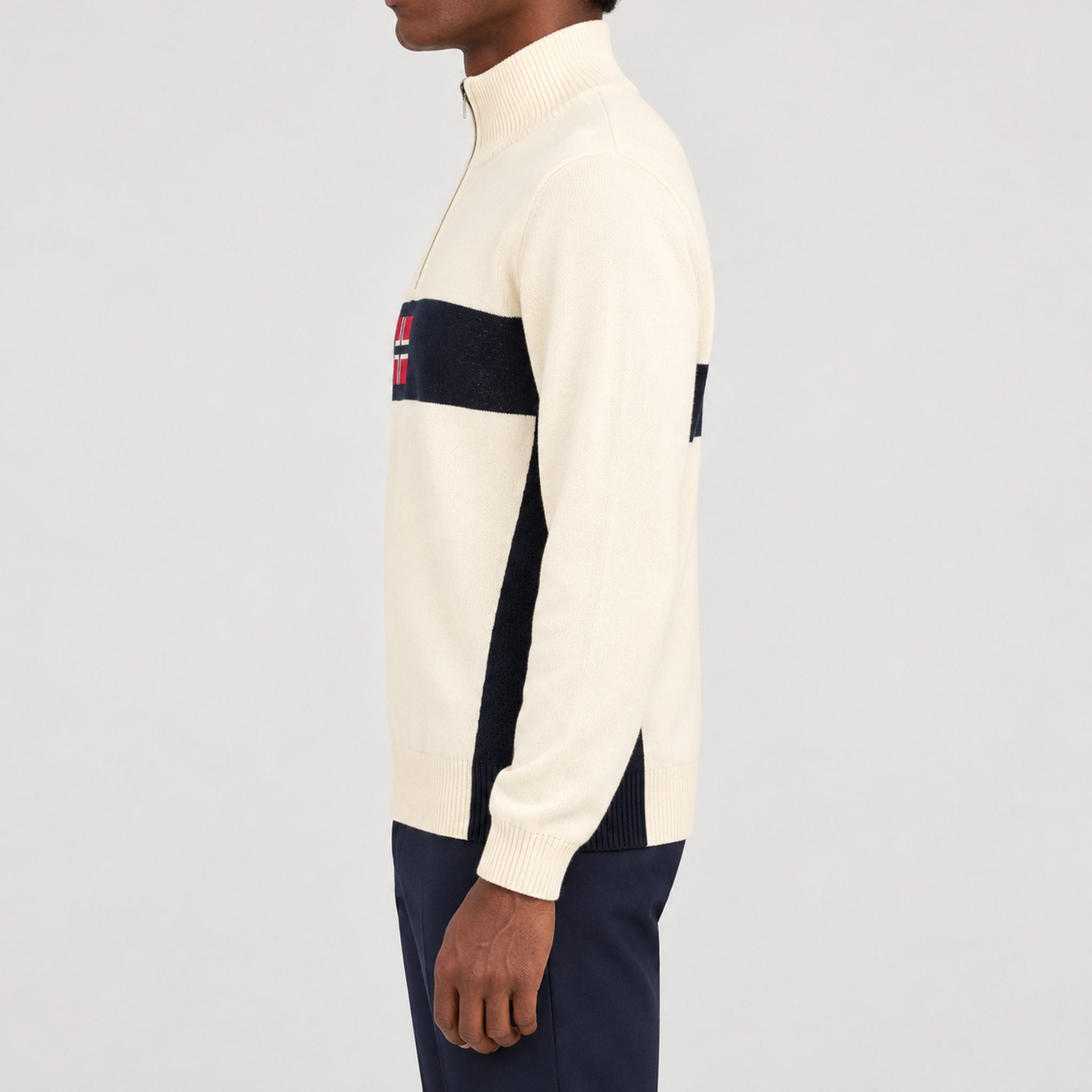 Amundsen 5Mila Half Zip Sweater in Oatmeal, side view on model.