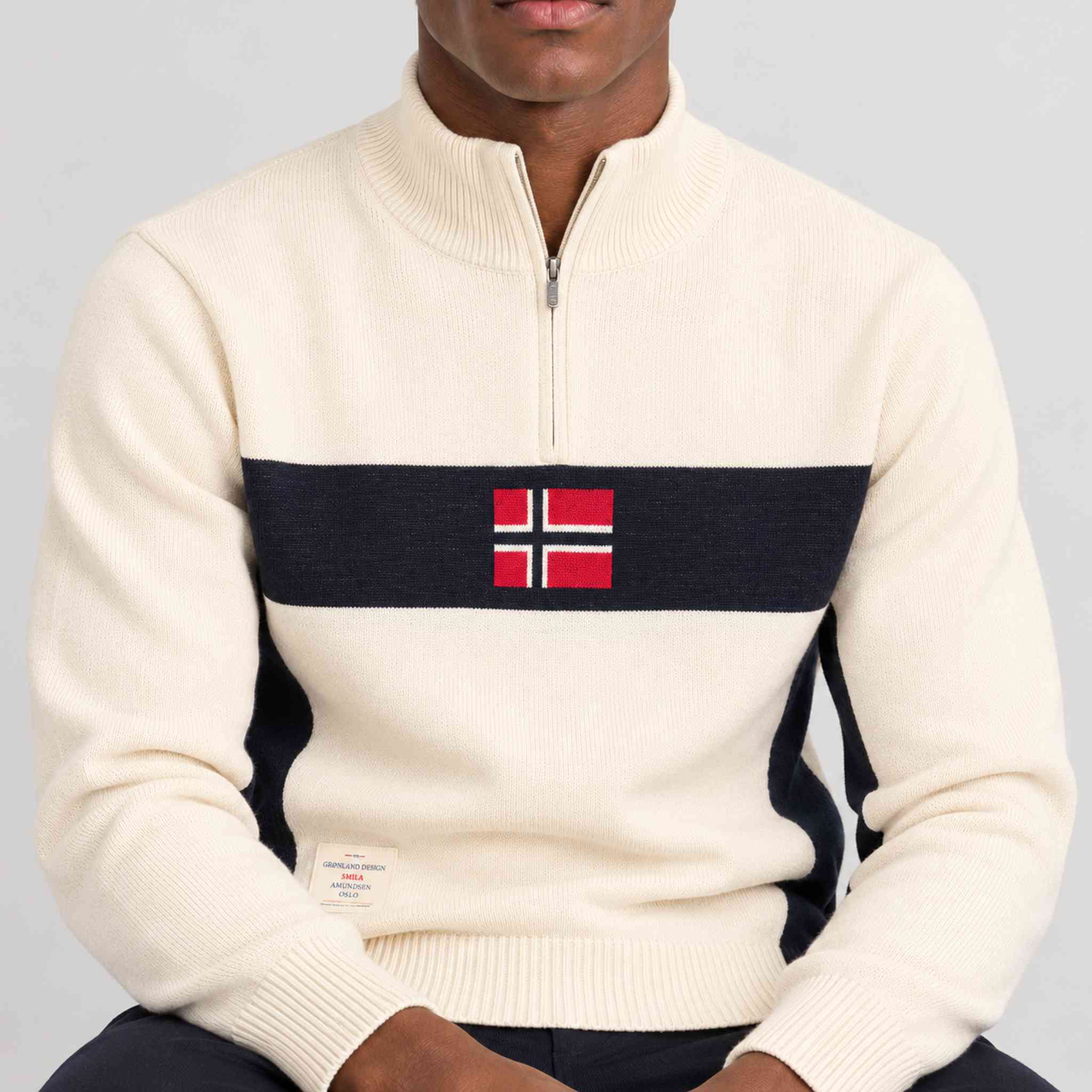 Amundsen 5Mila Half Zip Sweater in Oatmeal, close-up fabric detail on model.