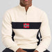 Amundsen 5Mila Half Zip Sweater in Oatmeal, close-up fabric detail on model.