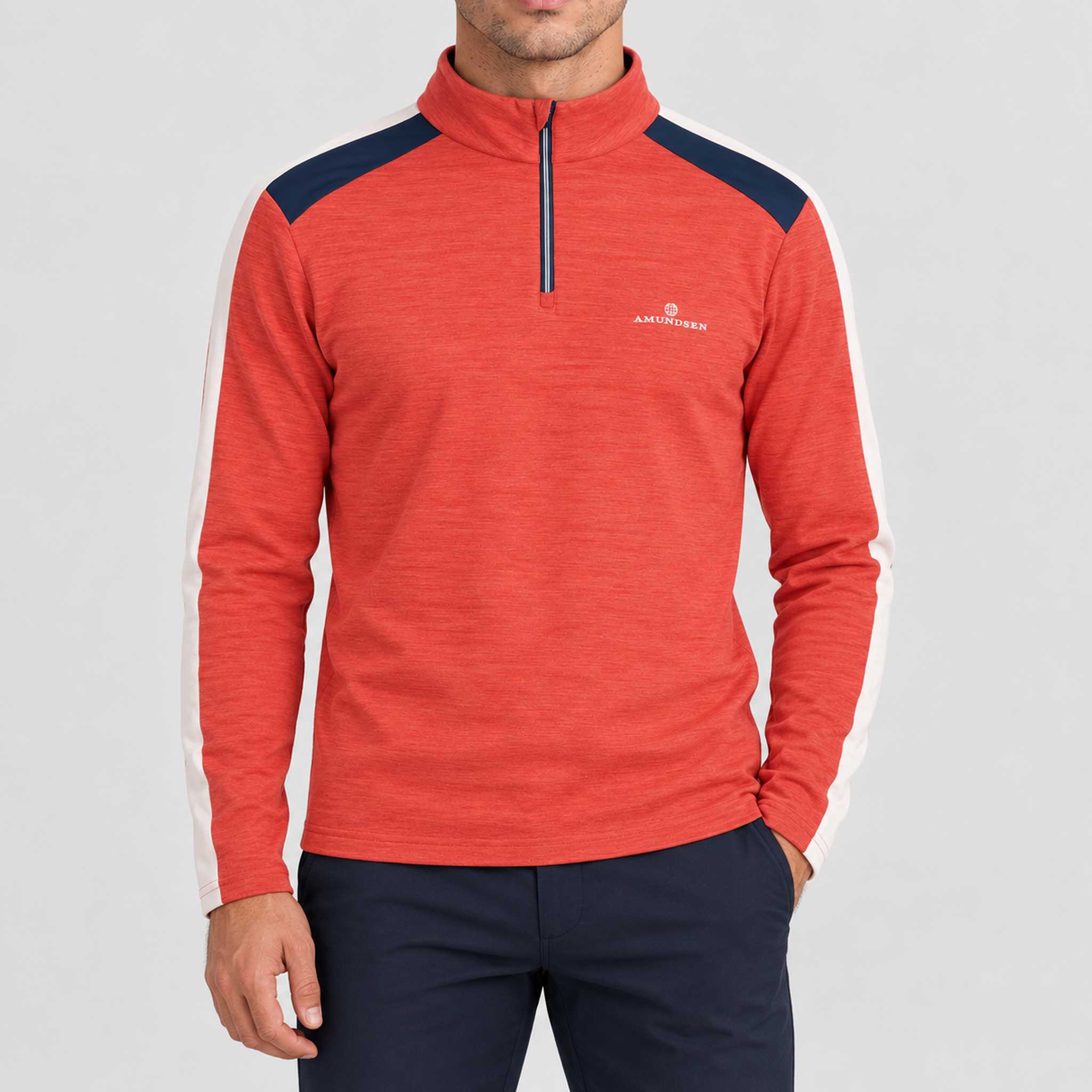 Amundsen 5Mila Half Zip in Terra Red Stripe, front view on model.