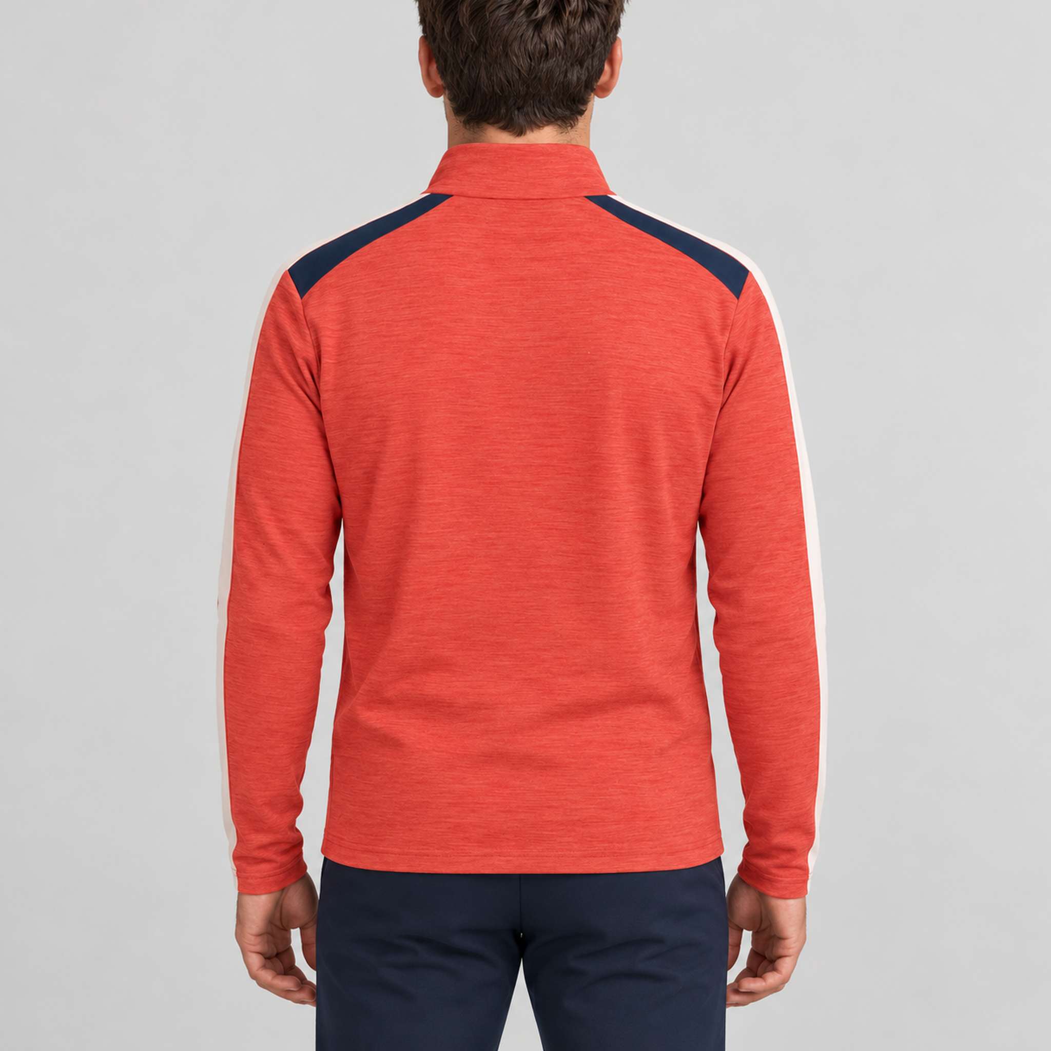 Amundsen 5Mila Half Zip in Terra Red Stripe, back view on model.