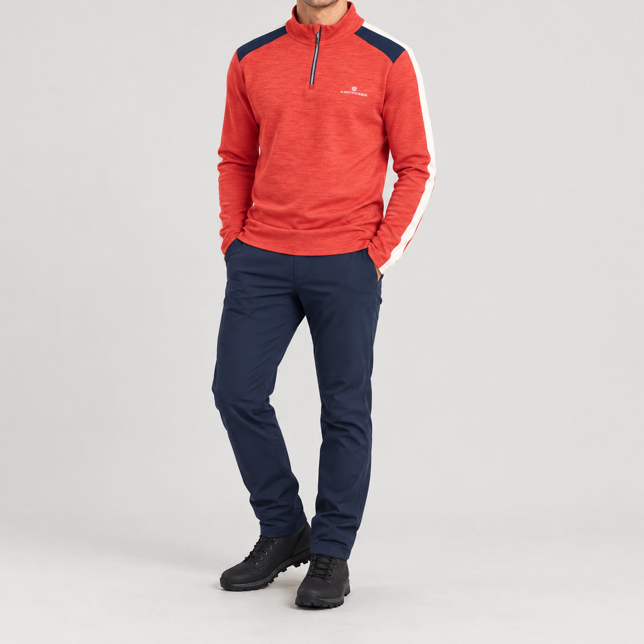 Amundsen 5Mila Half Zip in Terra Red Stripe, full outfit view on model.